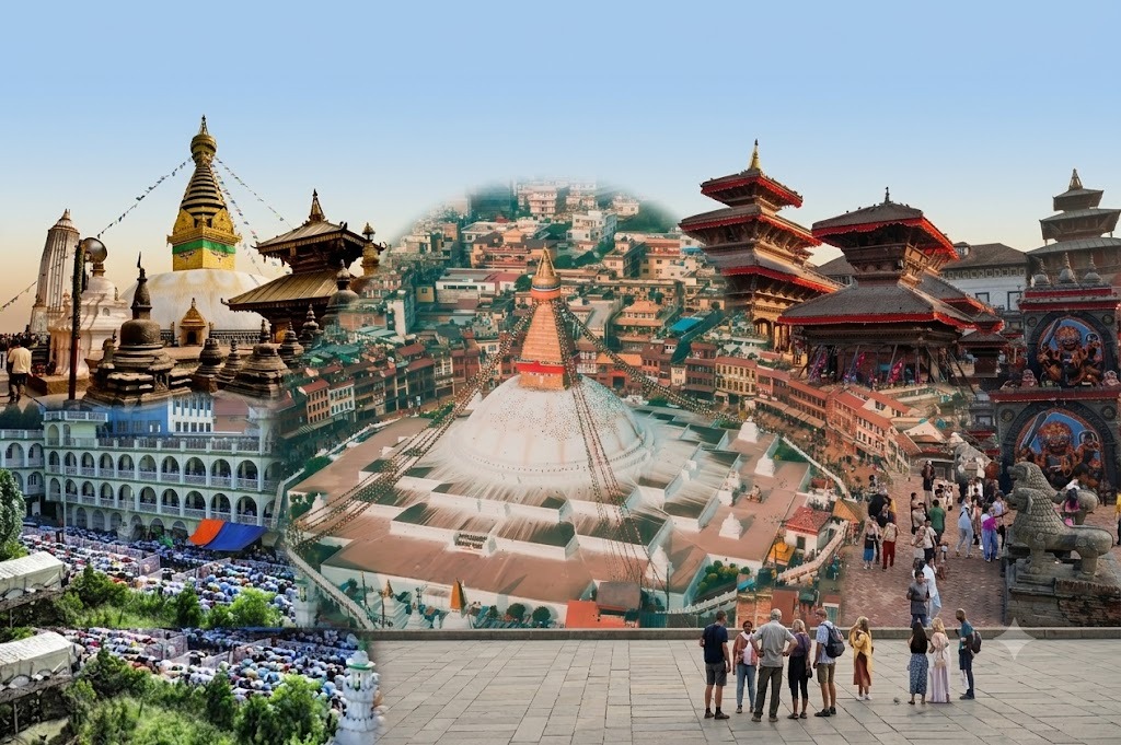 Nepal landmarks collage showing Boudhanath, Swayambhunath, and temples