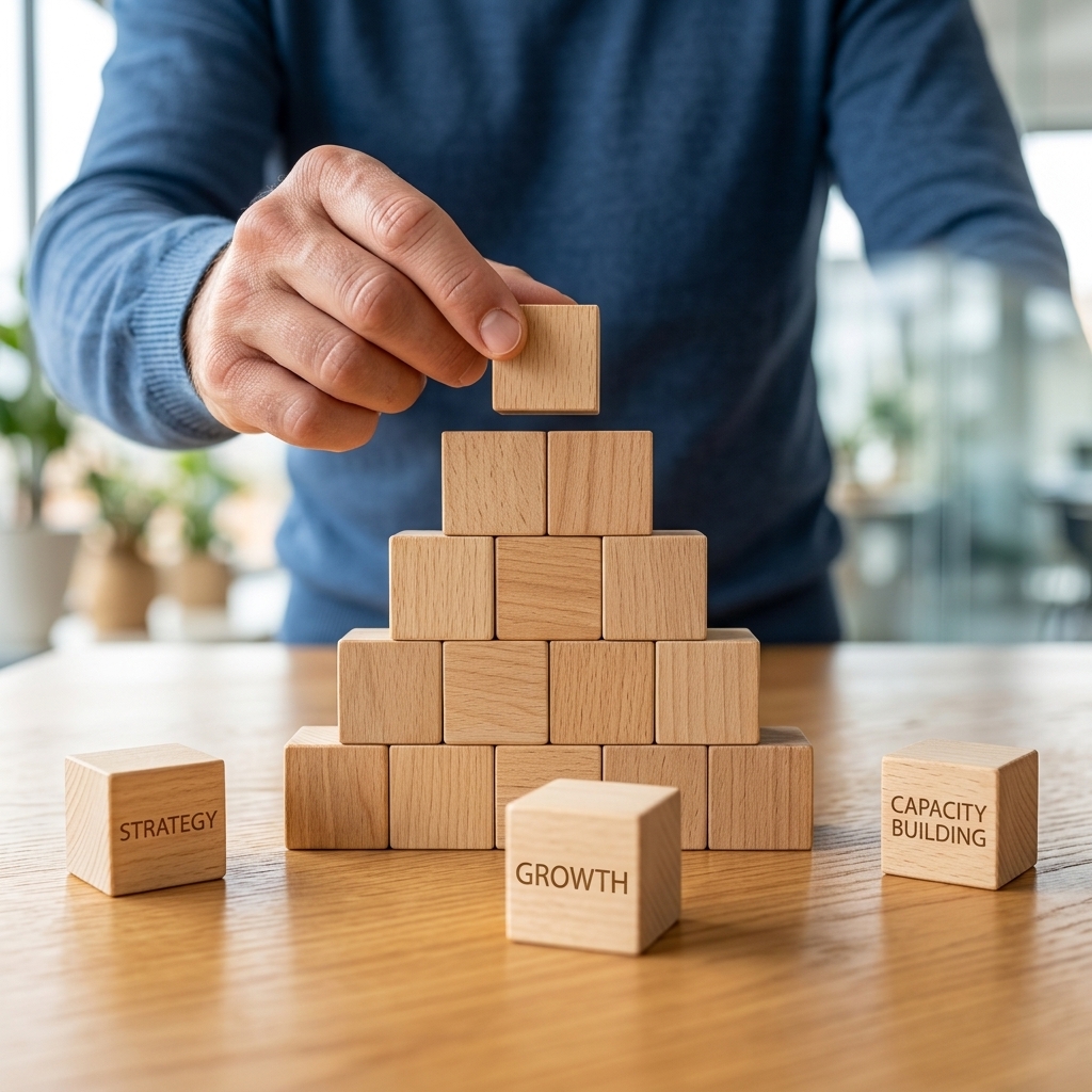 Hand building structure with wooden blocks representing capacity building, strategy, and growth