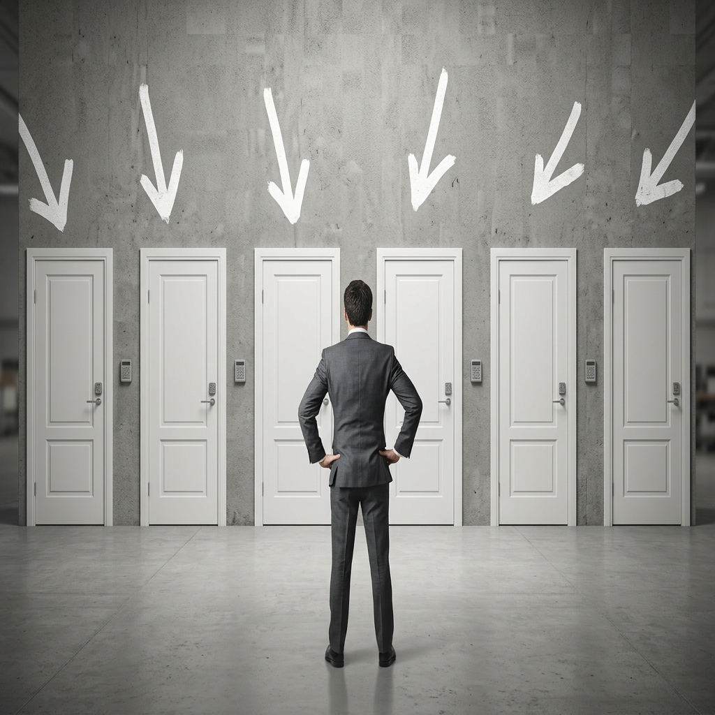 Decision paths and doors representing legal service selection