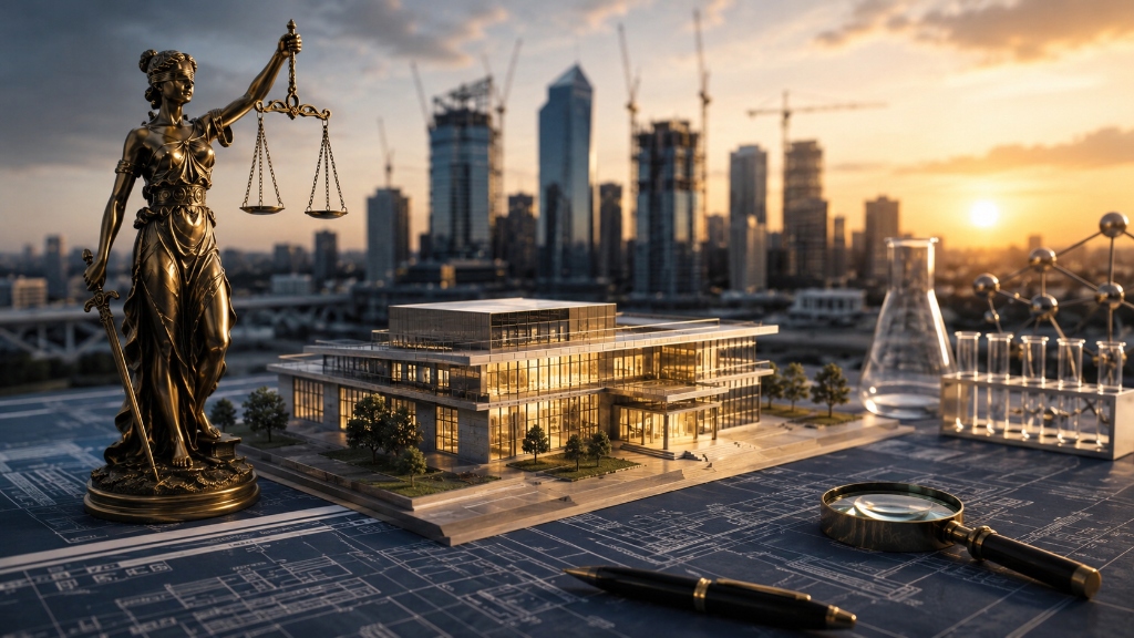 Lady Justice statue and architectural building blueprint representing legal architecture for innovation