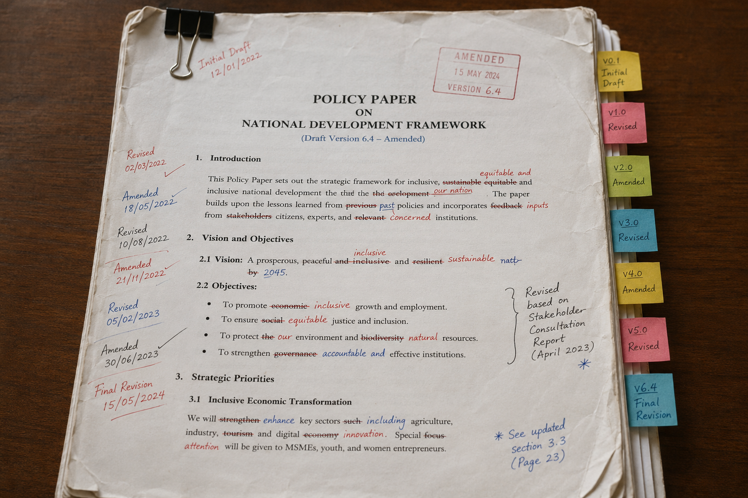 Policy Paper on National Development Framework draft showing revision amendments